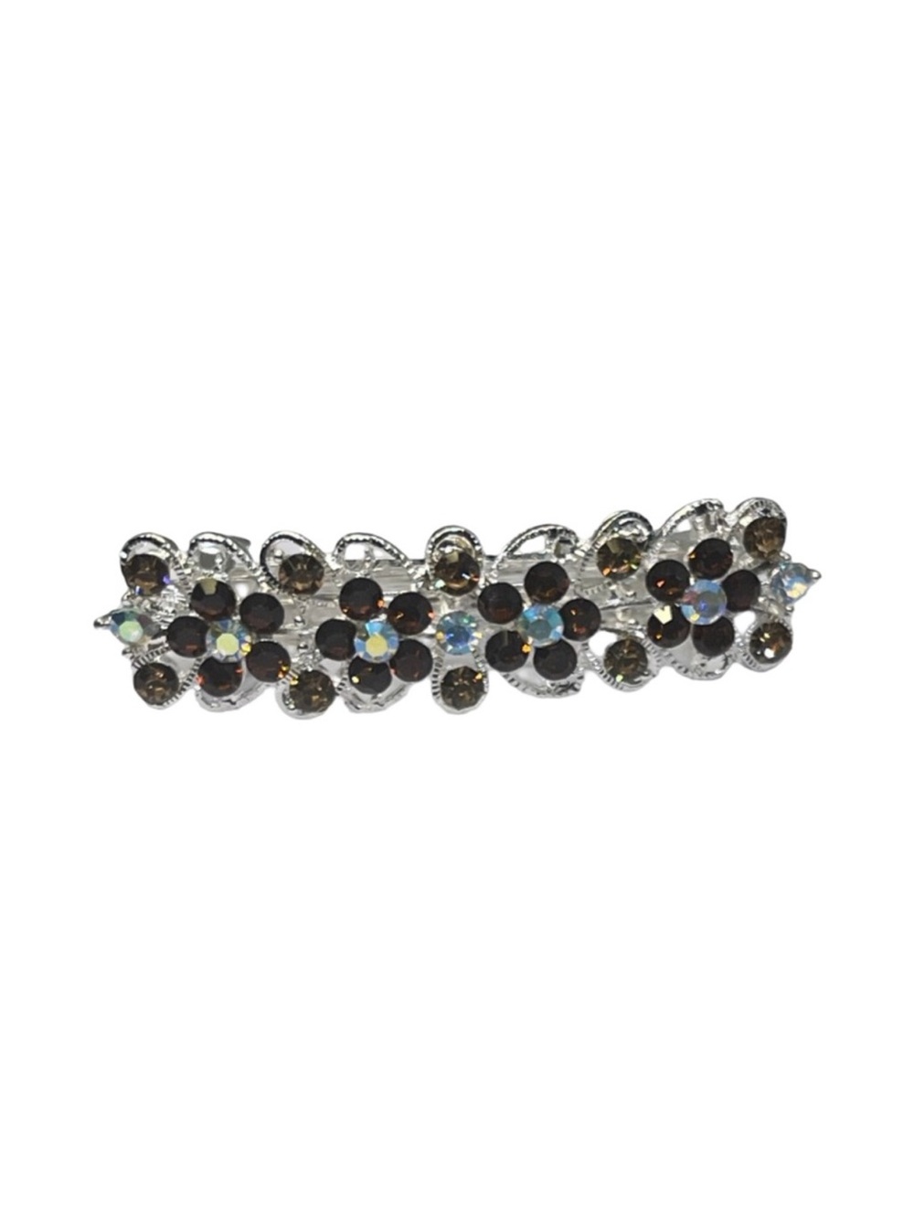 Rhinestone Floral Hair Barrette in Smoky Brown and Iridescent